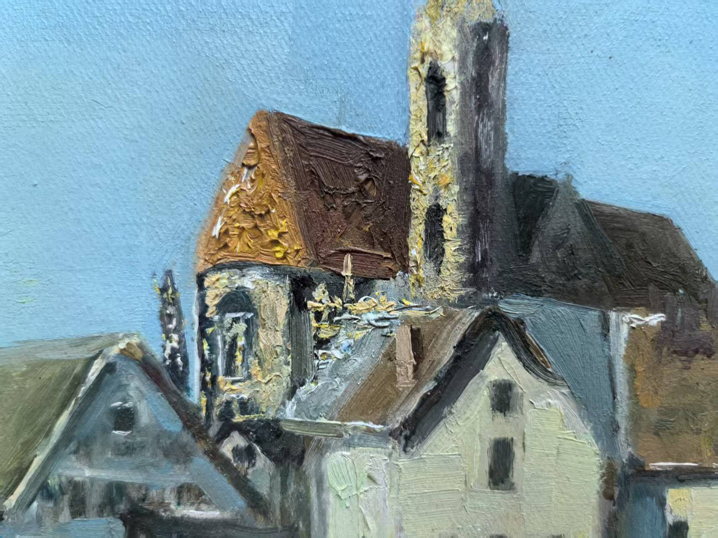The Bridge to the Village – Original Hand-Painted Oil Painting on Canvas, European Architecture Landscape Wall Art, 50×60 cm, Unframed