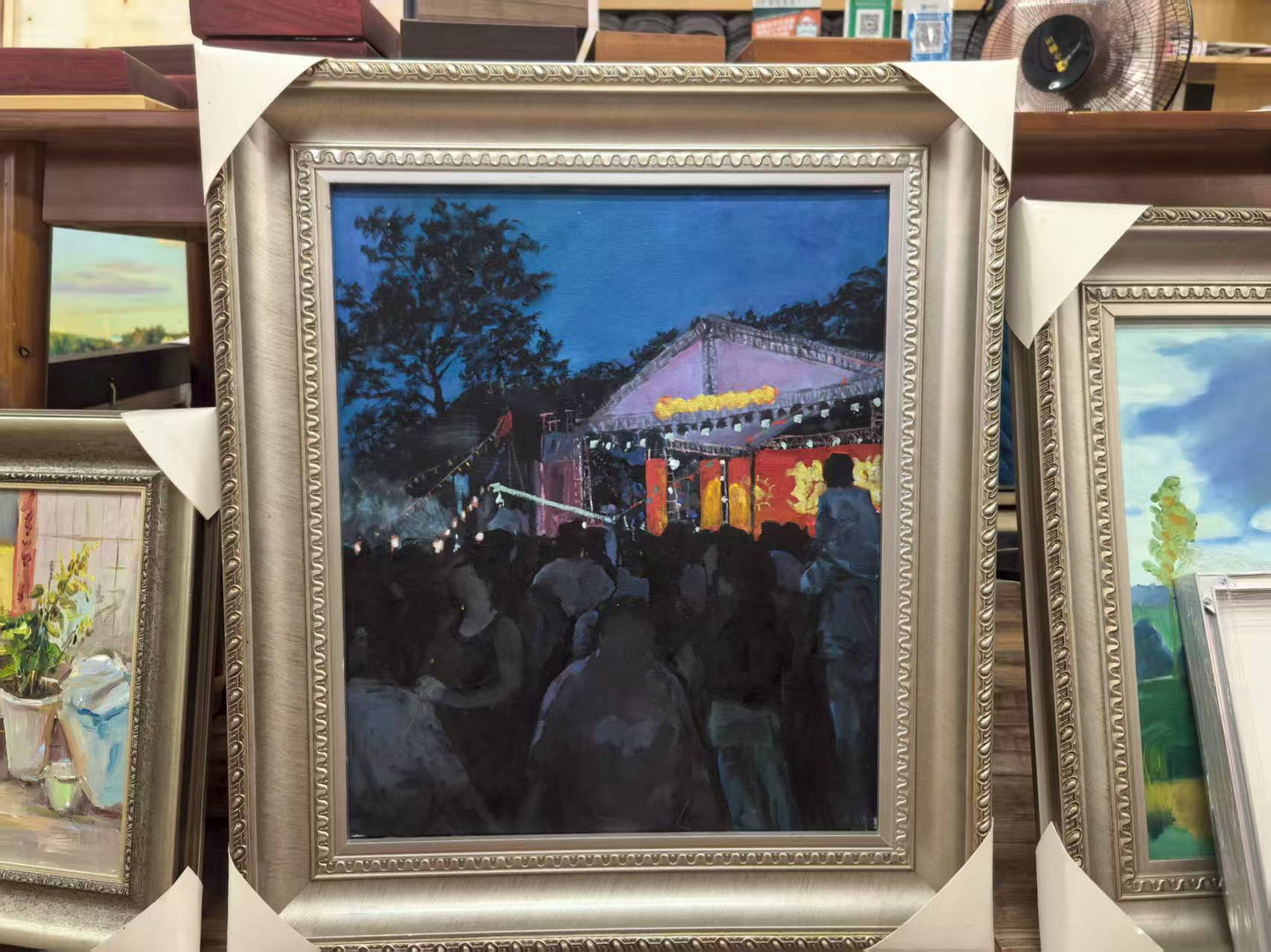 Framed Original Oil Painting – Night Temple Fair, Chinese Town Festival, Nocturne Landscape-67cm × 78 cm – Ready to Hang by Magicbear-Art Artist