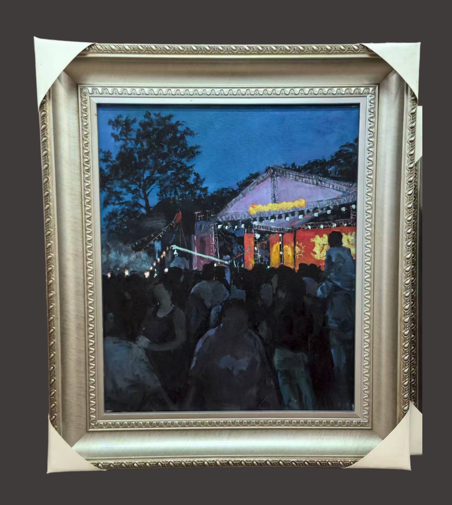 Framed Original Oil Painting – Night Temple Fair, Chinese Town Festival, Nocturne Landscape-67cm × 78 cm – Ready to Hang by Magicbear-Art Artist