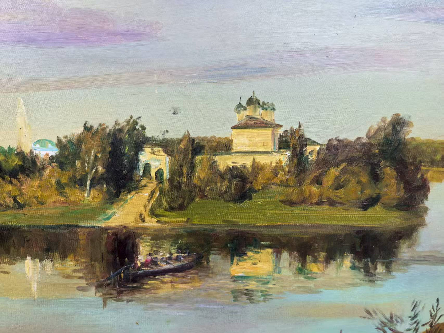 Riverside Serenity – Large Original Hand-Painted Oil Painting on Canvas, European Landscape Wall Art, 100×80 cm (114×94 cm Framed), Ready to Hang
