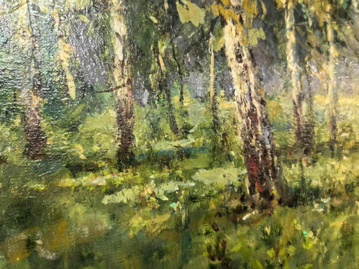 Sunlit Forest Walk – Original Hand-Painted Oil Painting on Canvas, Impressionist Landscape Wall Art, 40×50 cm (53×63 cm Framed), Ready to Hang