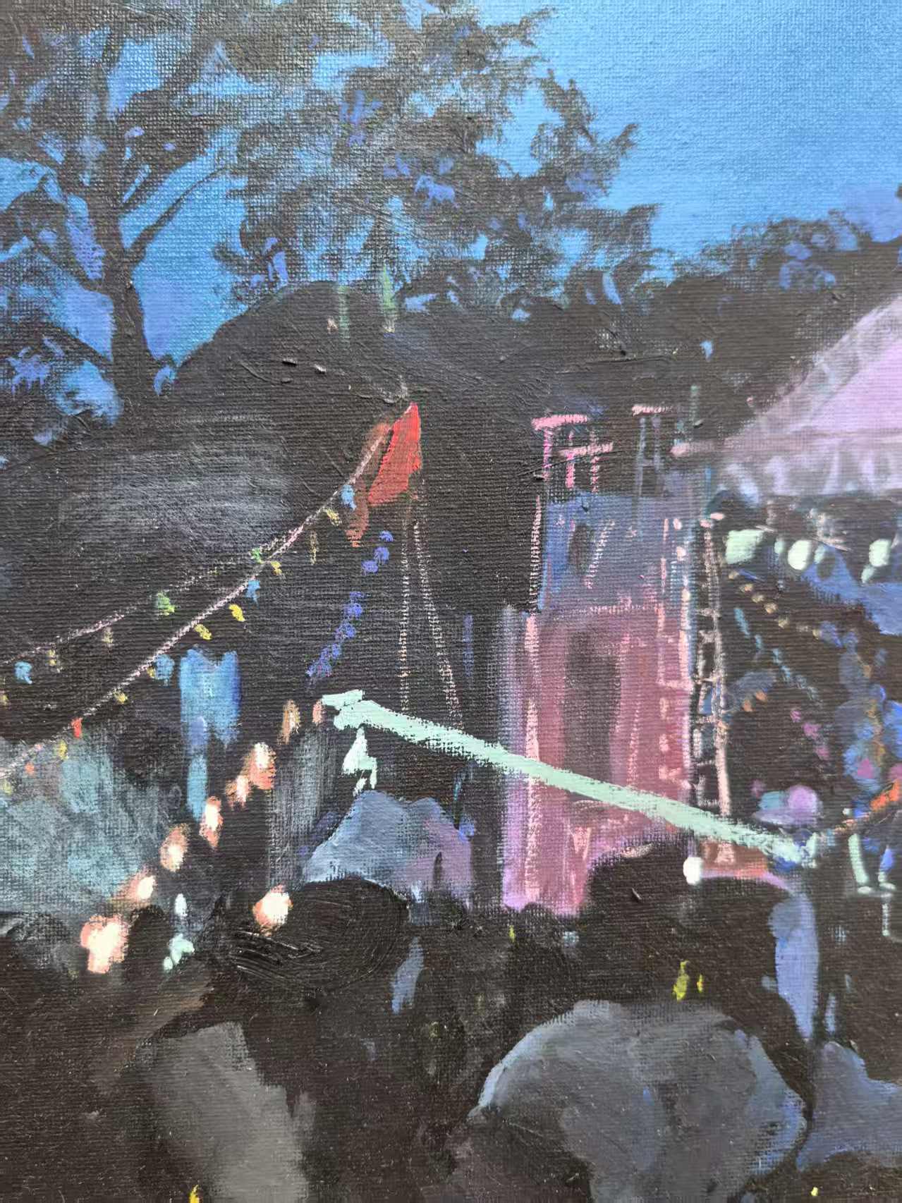 Framed Original Oil Painting – Night Temple Fair, Chinese Town Festival, Nocturne Landscape-67cm × 78 cm – Ready to Hang by Magicbear-Art Artist