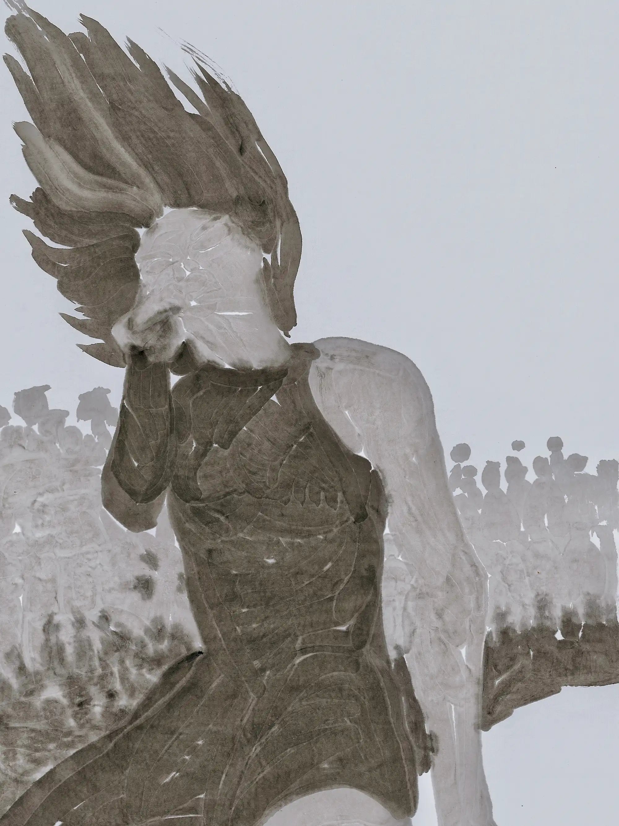 Contemporary Chinese ink painting by MAGICBEAR-ART, depicting a semi-abstract human figure in motion with layered black and grey brushstrokes.