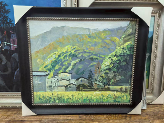 Framed Original Oil Painting – Chinese Mountain Village Landscape, Hand-Painted Wall Art, Ready to Hang-61.5cm × 71.5 cm