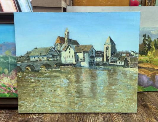 The Bridge to the Village – Original Hand-Painted Oil Painting on Canvas, European Architecture Landscape Wall Art, 50×60 cm, Unframed