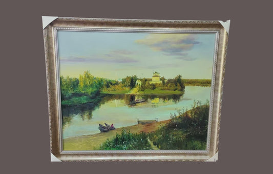 Riverside Serenity – Large Original Hand-Painted Oil Painting on Canvas, European Landscape Wall Art, 100×80 cm (114×94 cm Framed), Ready to Hang
