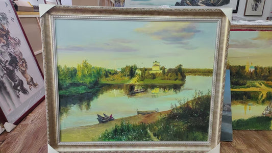 Riverside Serenity – Large Original Hand-Painted Oil Painting on Canvas, European Landscape Wall Art, 100×80 cm (114×94 cm Framed), Ready to Hang