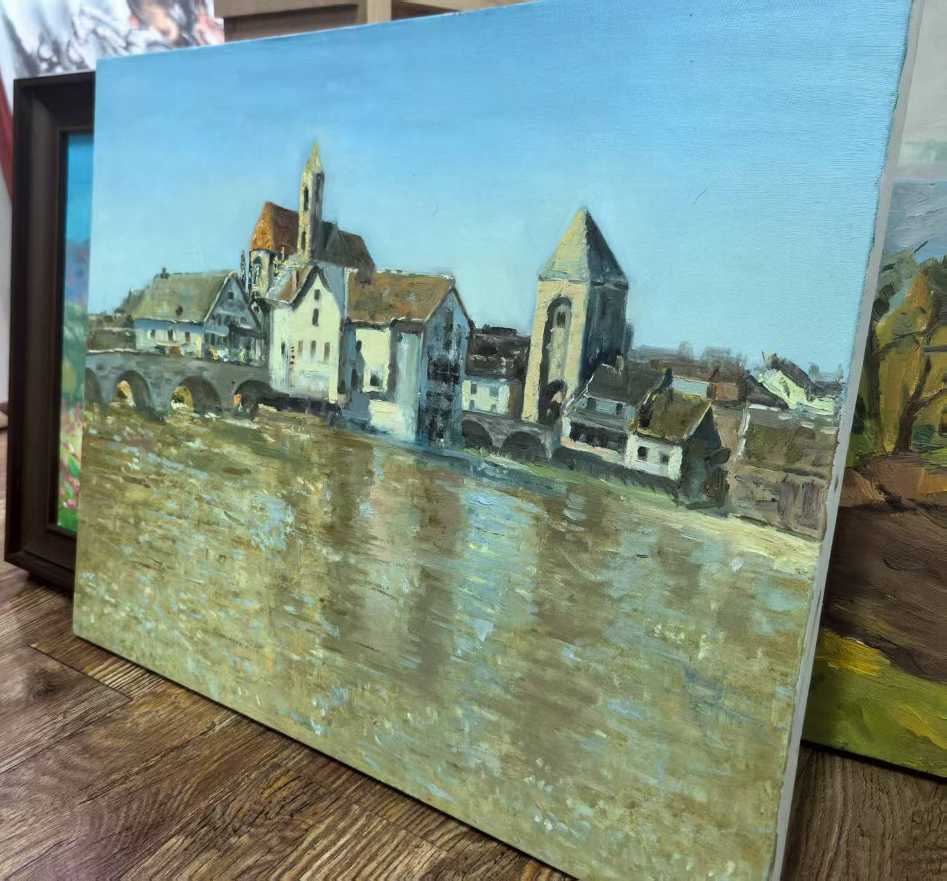 The Bridge to the Village – Original Hand-Painted Oil Painting on Canvas, European Architecture Landscape Wall Art, 50×60 cm, Unframed