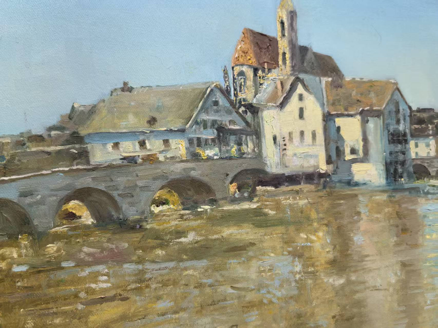 The Bridge to the Village – Original Hand-Painted Oil Painting on Canvas, European Architecture Landscape Wall Art, 50×60 cm, Unframed