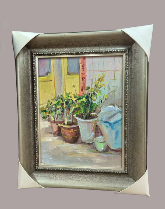Hand-Painted Oil Painting with Frame – Everyday Chinese Courtyard, Potted Plant Scene, Ready to Hang, 40×47.5 cm