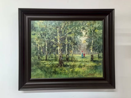 Sunlit Forest Walk – Original Hand-Painted Oil Painting on Canvas, Impressionist Landscape Wall Art, 40×50 cm (53×63 cm Framed), Ready to Hang