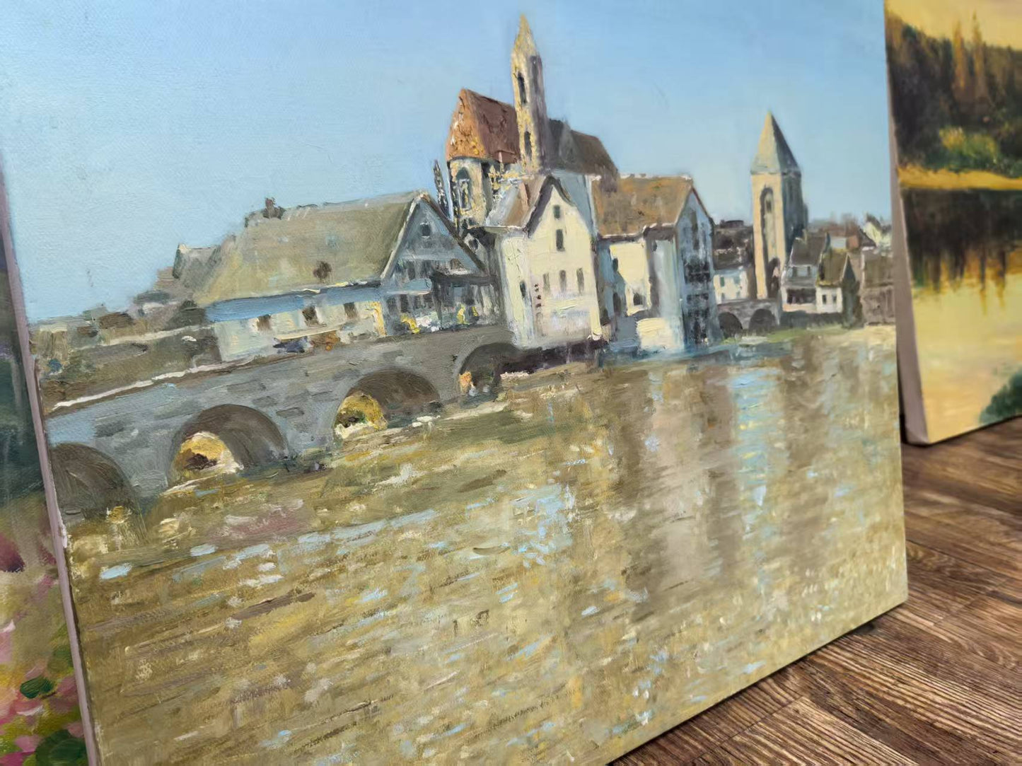The Bridge to the Village – Original Hand-Painted Oil Painting on Canvas, European Architecture Landscape Wall Art, 50×60 cm, Unframed