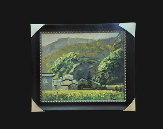 Framed Original Oil Painting – Chinese Mountain Village Landscape, Hand-Painted Wall Art, Ready to Hang-61.5cm × 71.5 cm