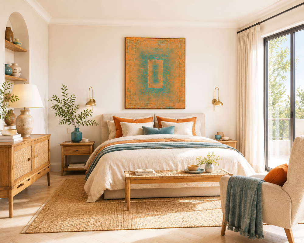 Original Chinese oil art preview in a bedroom setting