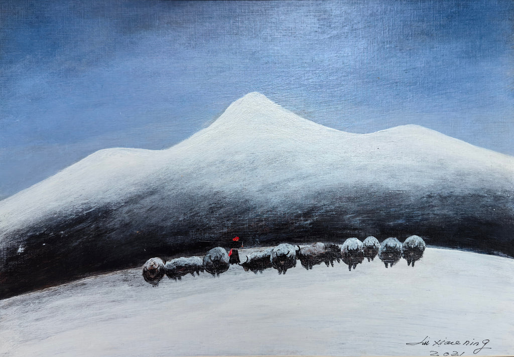 Original oil painting by Liu Xiaoning, "Yak Herders," depicting a solitary Tibetan herder in a snowy landscape, theme of resilience and spiritual mission, Gaze Upon Tibet series.