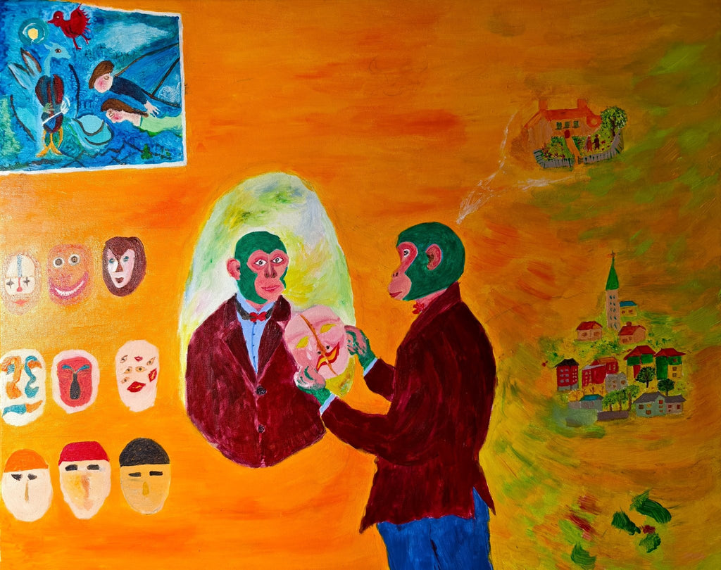 The Monkey King Goes to Work - Acrylic on Canvas 15.7'' × 19.7'' | Original Painting by Chinese Artist | Magic Bear Art