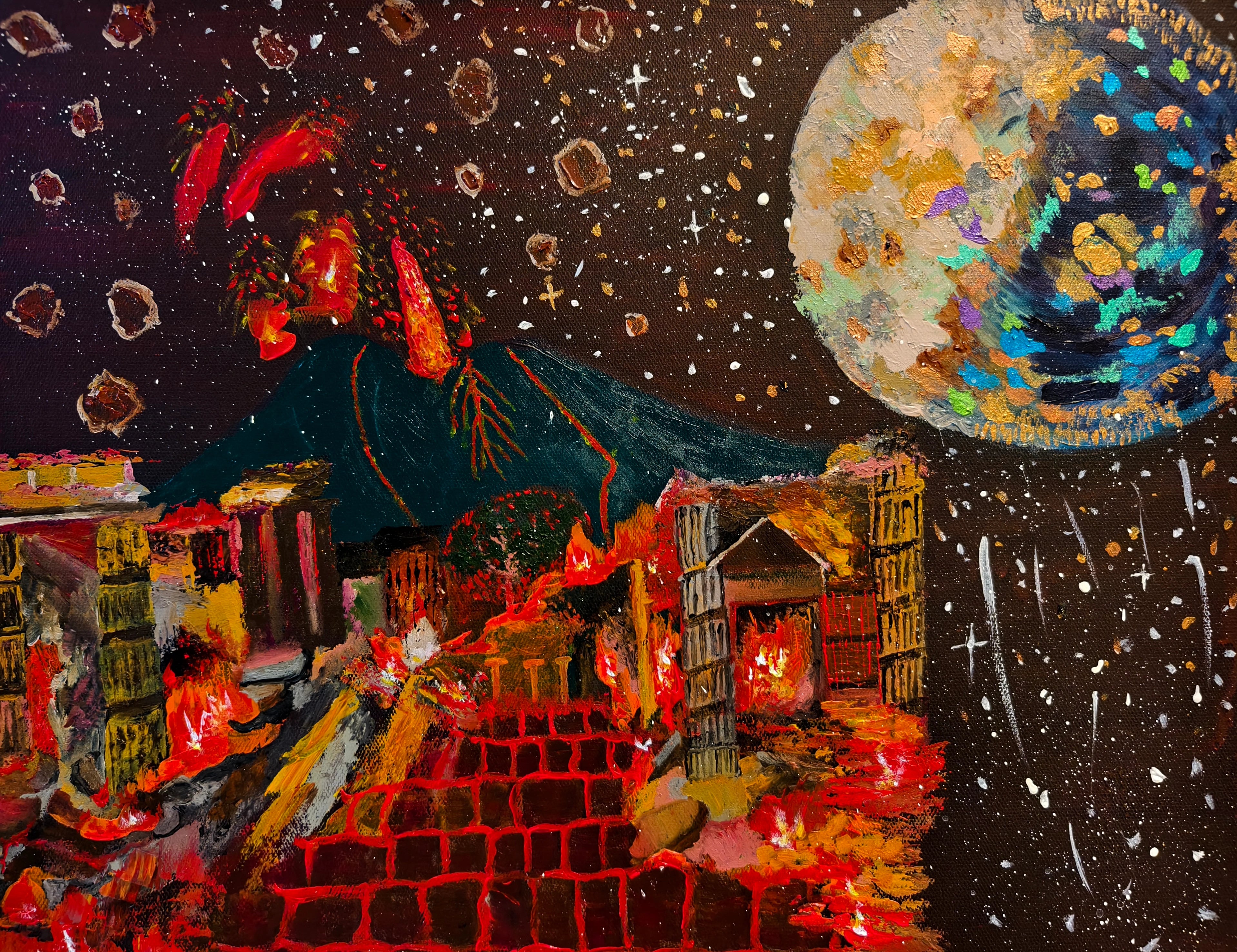 Original acrylic painting 'Psyche' by Zhang Yongjiu, Nebula of Fantasy series, 2026 cosmic landscape with erupting volcano and colorful planet, 40x50cm canvas.