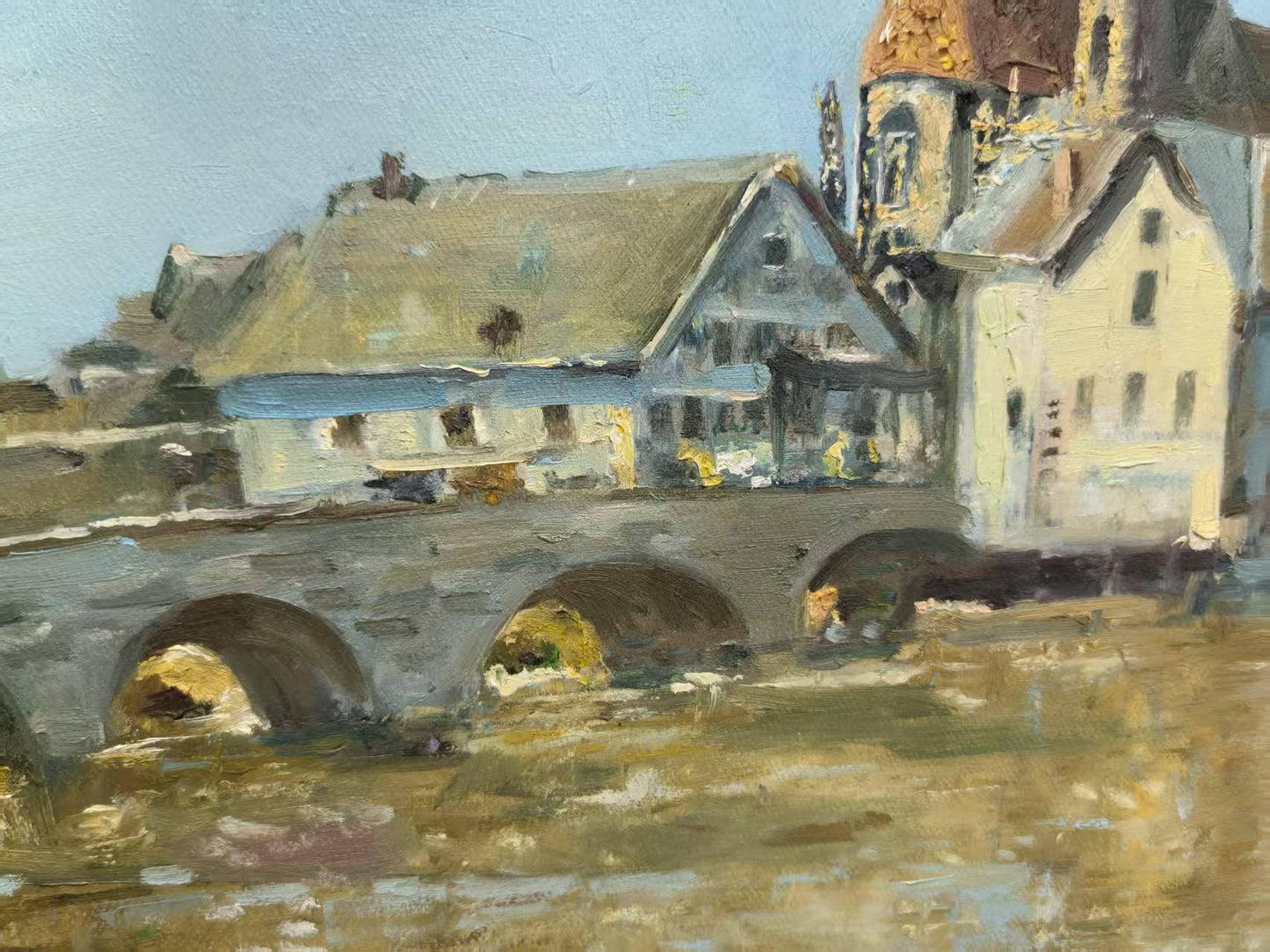The Bridge to the Village – Original Hand-Painted Oil Painting on Canvas, European Architecture Landscape Wall Art, 50×60 cm, Unframed