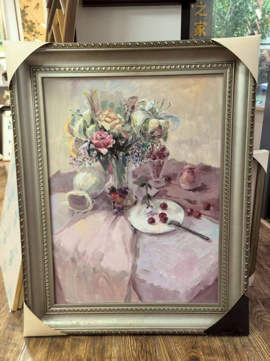 Magicbear-Art Framed Oil Painting – Still Life with Vase and Fruit, Hand-Painted Original Wall Art-77CM*98CM