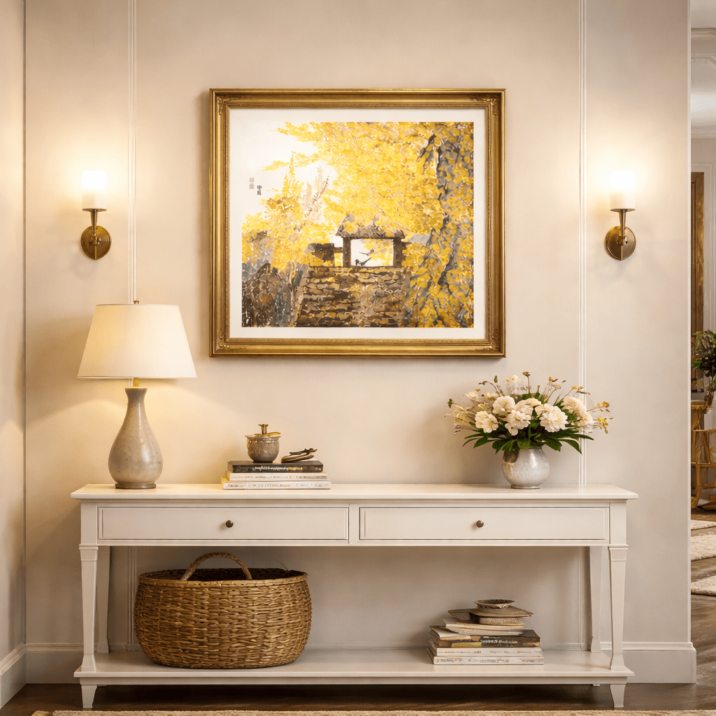 Birds Beneath Falling Autumn Leaves - 19.3''× 18.1'' | Original Painting by Chinese Artist | Magic Bear Art