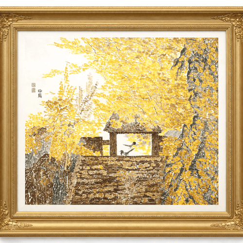 Birds Beneath Falling Autumn Leaves - 19.3''× 18.1'' | Original Painting by Chinese Artist | Magic Bear Art