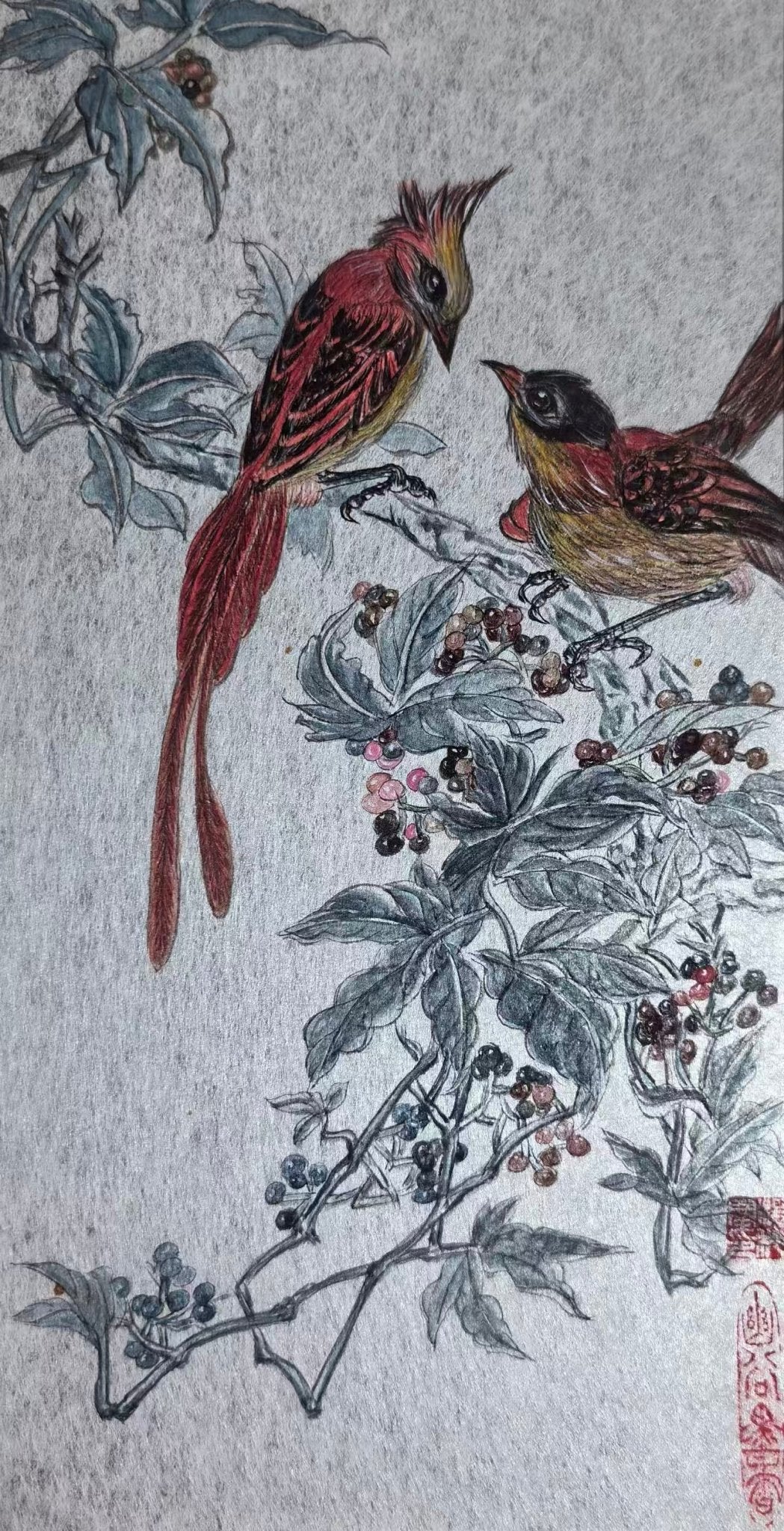 Crimson Harmony - Ink and Color 9.8'' × 5.1'' | Chinese Original Painting | Magic Bear Art