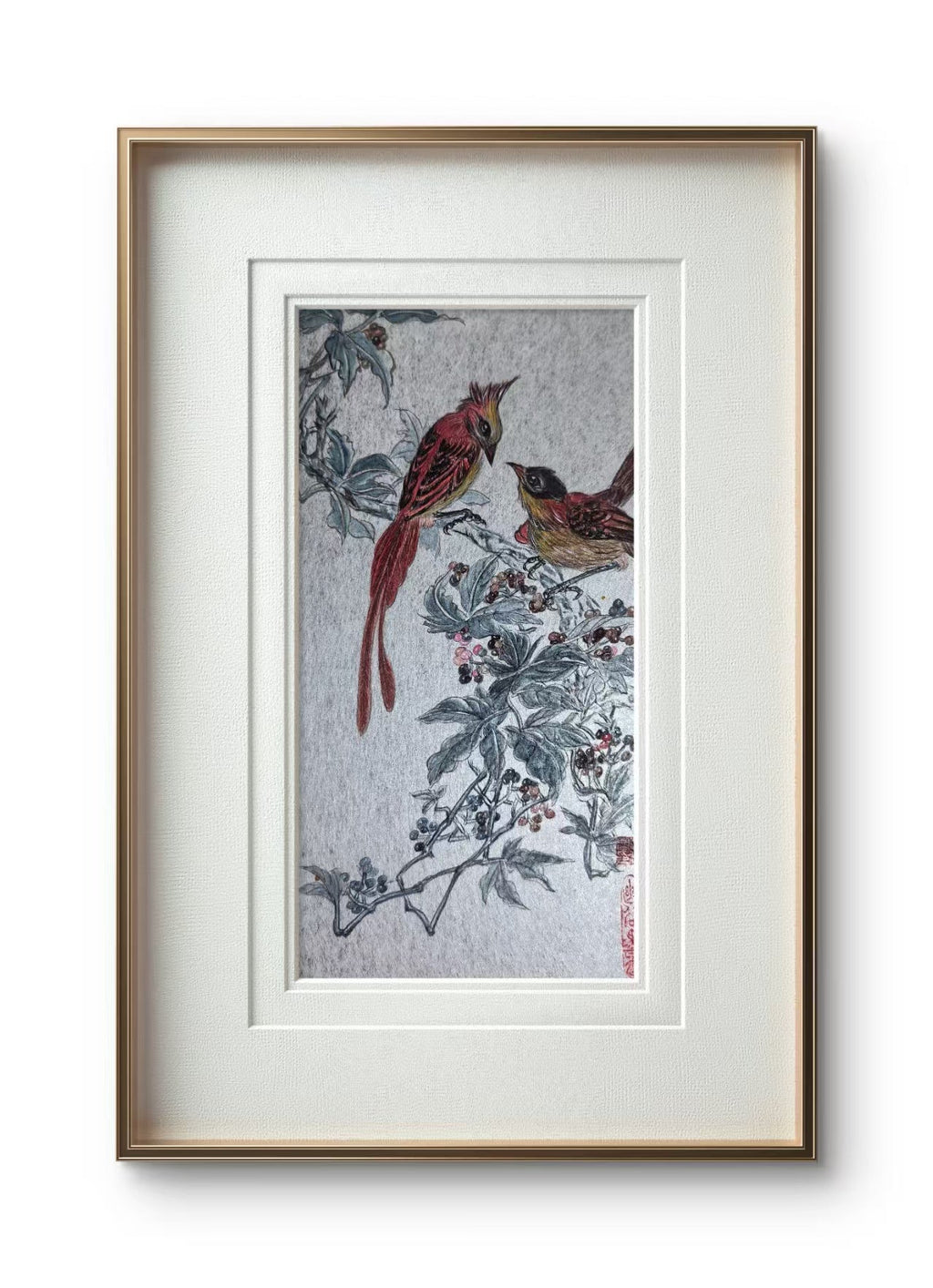 Crimson Harmony - Ink and Color 9.8'' × 5.1'' | Chinese Original Painting | Magic Bear Art
