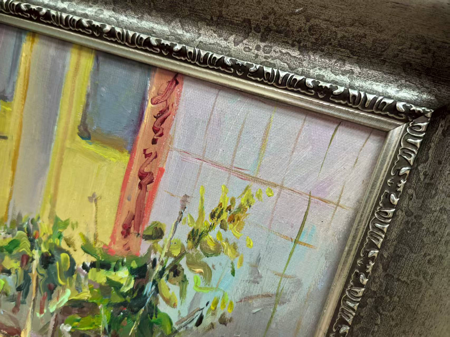 Hand-Painted Oil Painting with Frame – Everyday Chinese Courtyard, Potted Plant Scene, Ready to Hang, 40×47.5 cm