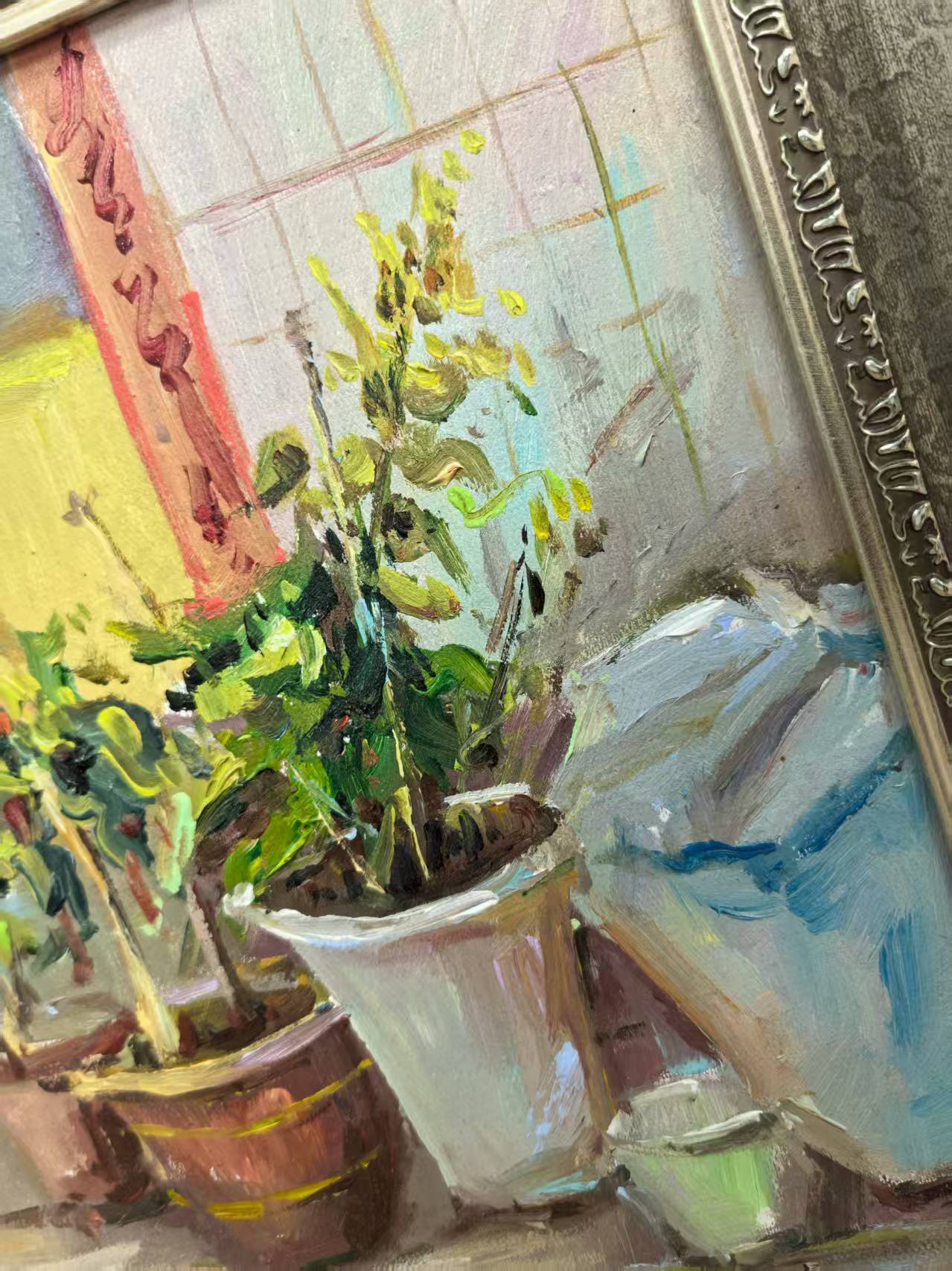 Hand-Painted Oil Painting with Frame – Everyday Chinese Courtyard, Potted Plant Scene, Ready to Hang, 40×47.5 cm
