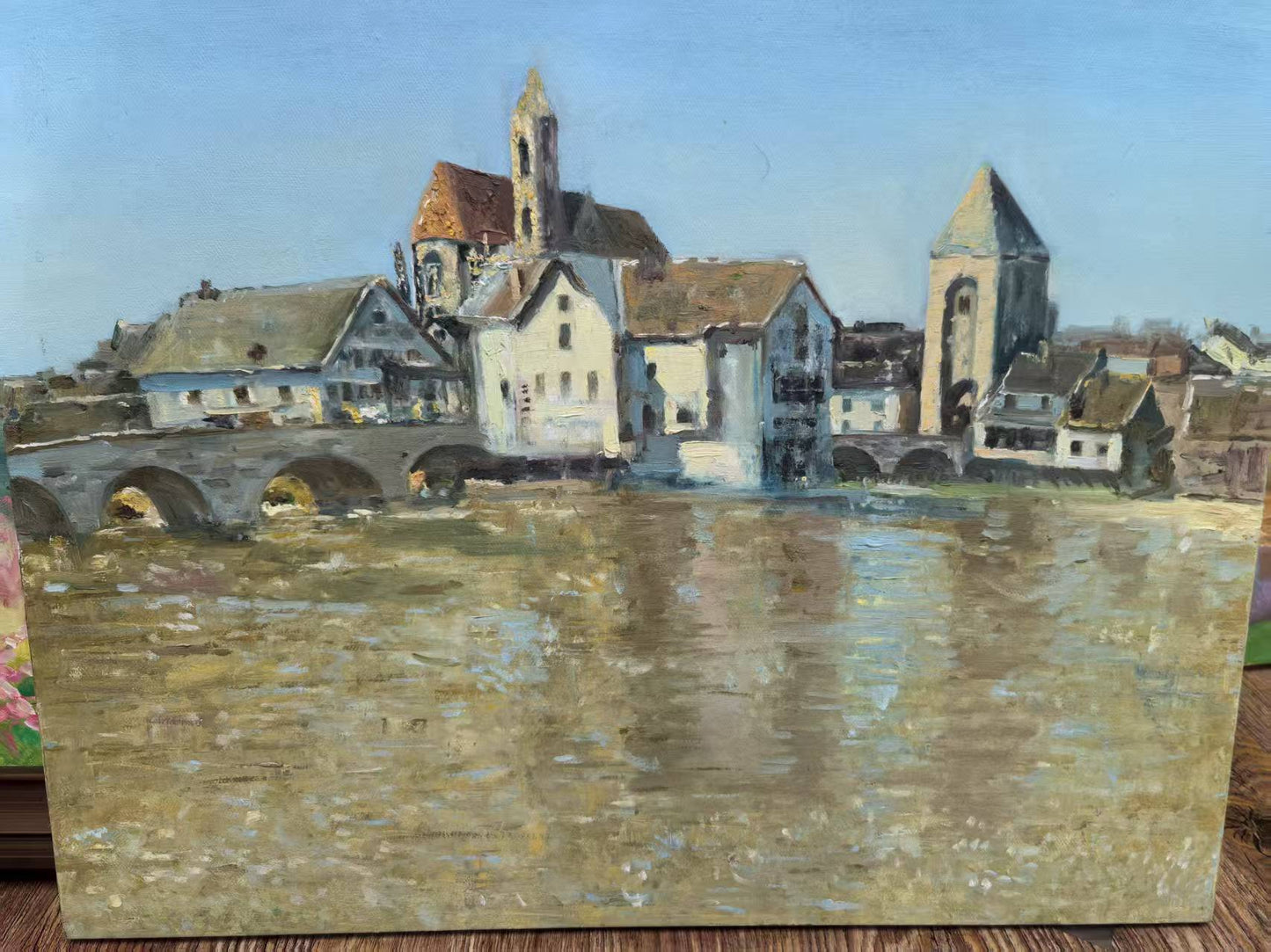 The Bridge to the Village – Original Hand-Painted Oil Painting on Canvas, European Architecture Landscape Wall Art, 50×60 cm, Unframed