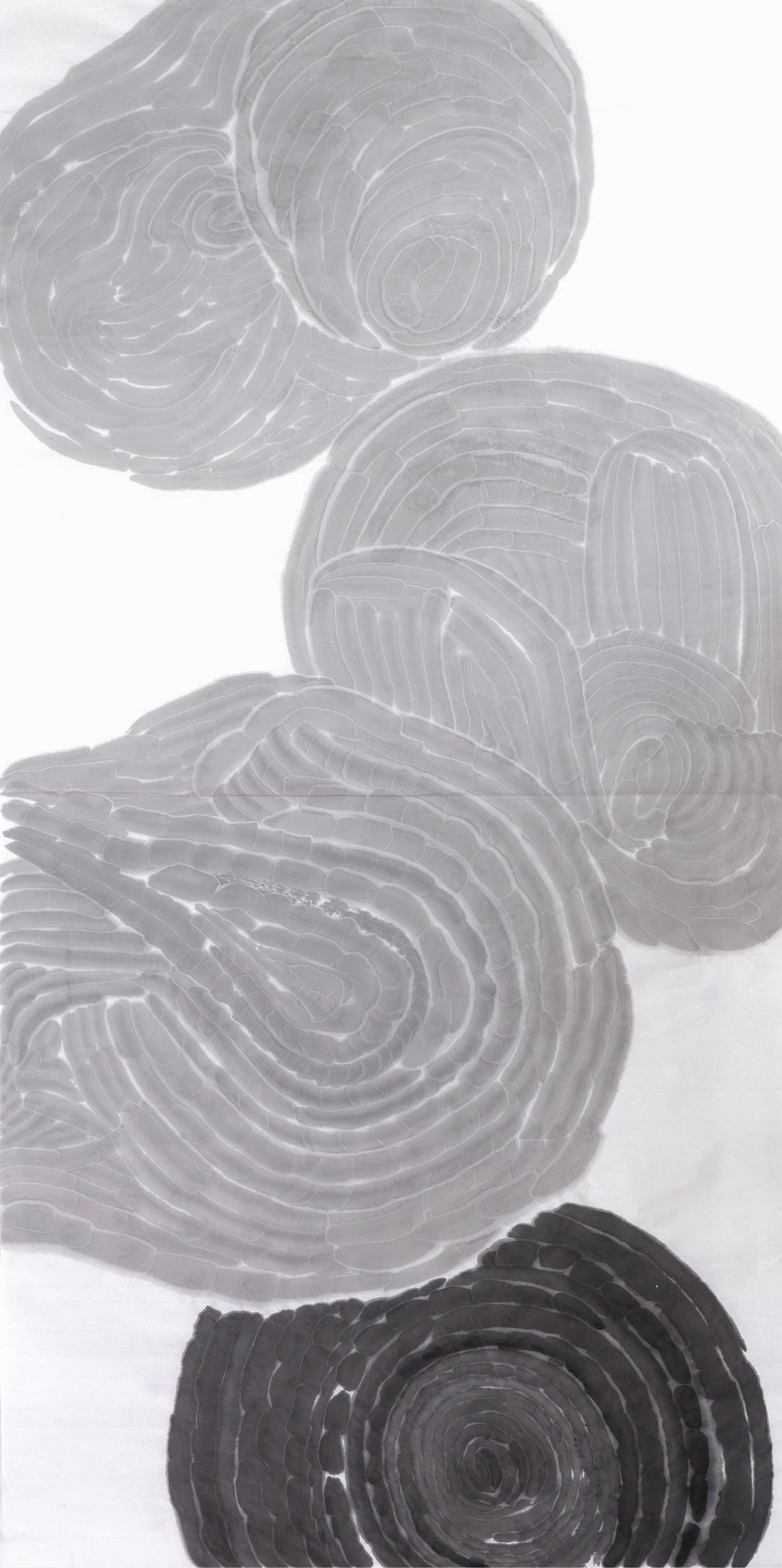 Ink painting from He Jun’s One Life Series featuring fingerprint imagery, expressing the concept of life as a continuous circular existence
