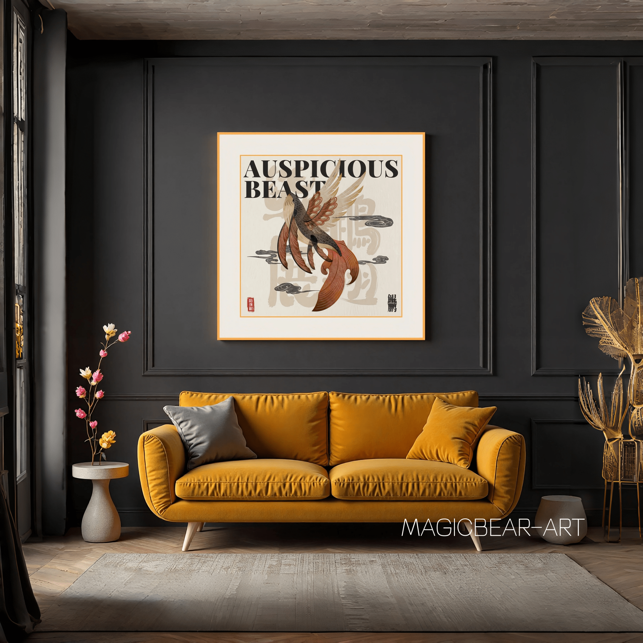 Kunpeng (Chinese Mythical Beast) - silk wall art 19.7'' × 19.7'' | Original Painting by Chinese Artist | Magic Bear Art