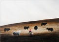 Original oil painting 'Pastoral Labor' by Liu Xiaoning, Tibetan woman and yaks in a vast highland pasture, naive and sincere art style from The Gaze Upon Tibet series, minimalist black aluminum frame, premium collectible fine art.