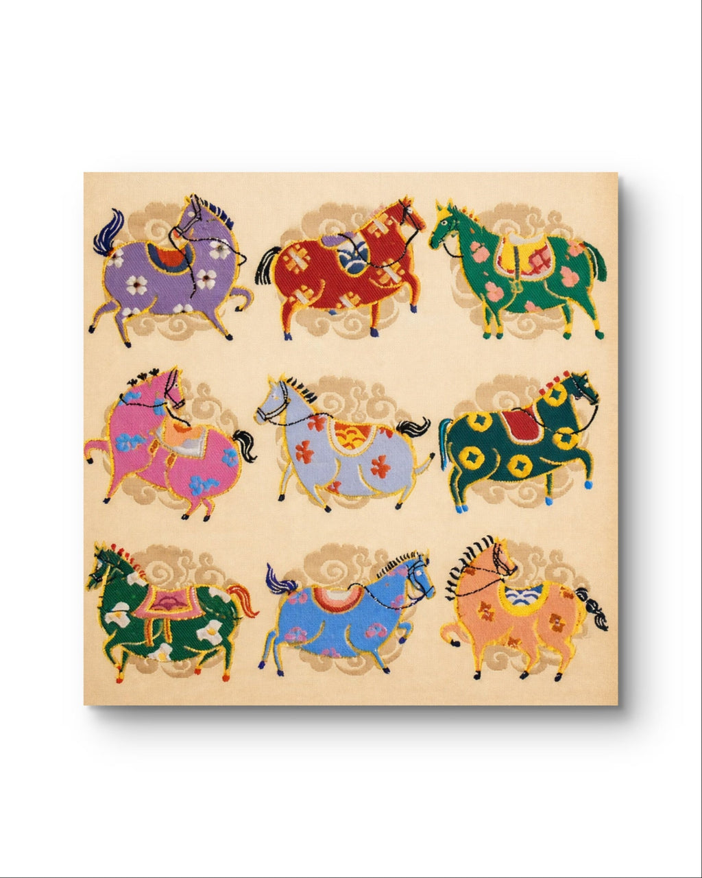 Nine Auspicious Horses | Chinese Embroidered Silk Art 13.6'' × 13.6'' | Chinese Original Painting | Magic Bear Art