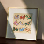 Nine Auspicious Horses丨Chinese Silk Yun Brocade Artwork 13.6'' × 13.6'' | Chinese Original Painting | Magic Bear Art