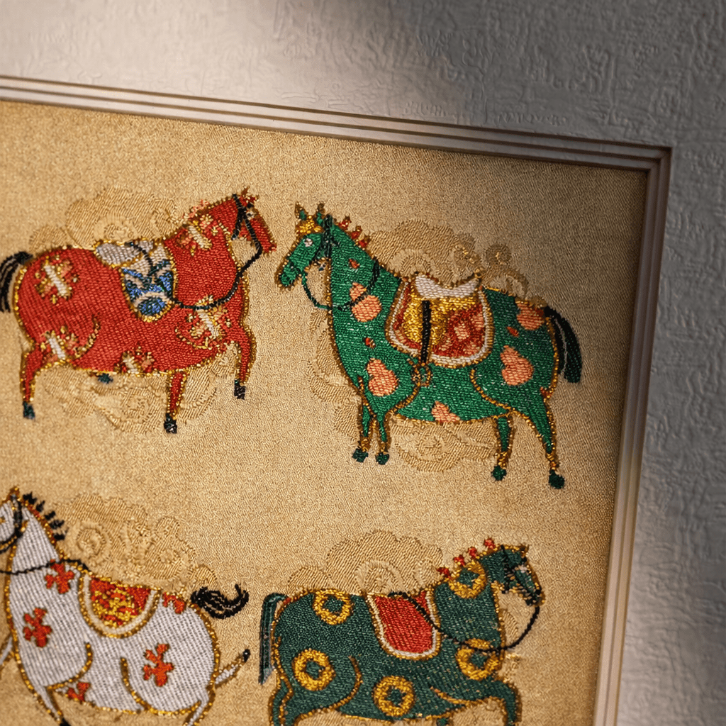 Nine Auspicious Horses丨Chinese Silk Yun Brocade Artwork 13.6'' × 13.6'' | Chinese Original Painting | Magic Bear Art