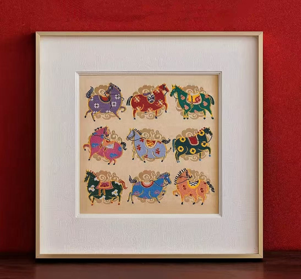 Nine Auspicious Horses丨Chinese Silk Yun Brocade Artwork 13.6'' × 13.6'' | Chinese Original Painting | Magic Bear Art