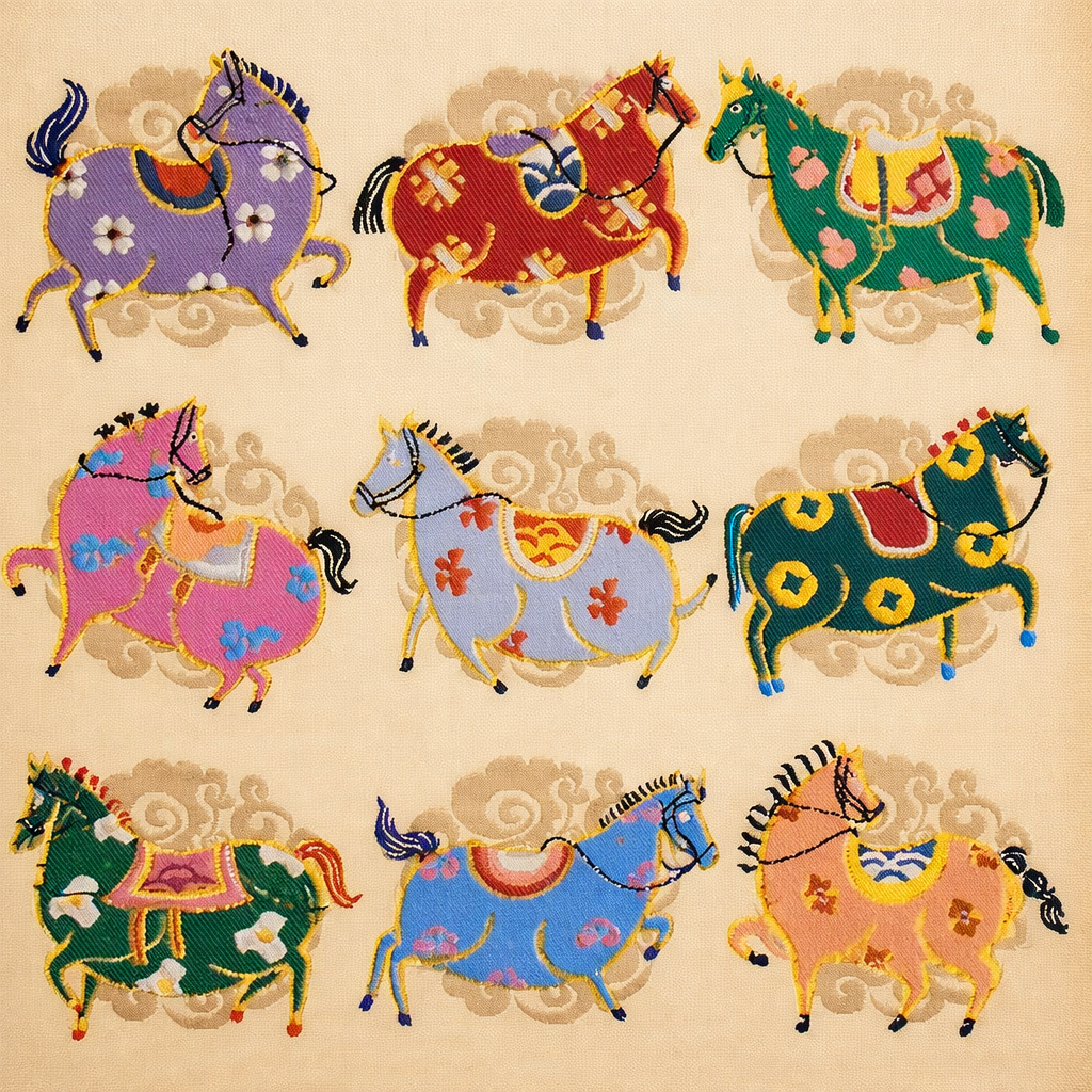 Nine Auspicious Horses丨Chinese Silk Yun Brocade Artwork 13.6'' × 13.6'' | Chinese Original Painting | Magic Bear Art