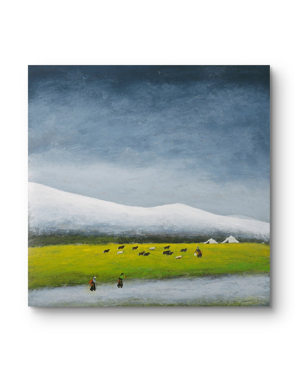 Plateau Pasture - Acrylic on Xuan Paper 27.6" × 27.6" | Chinese Original Painting | Magic Bear Art