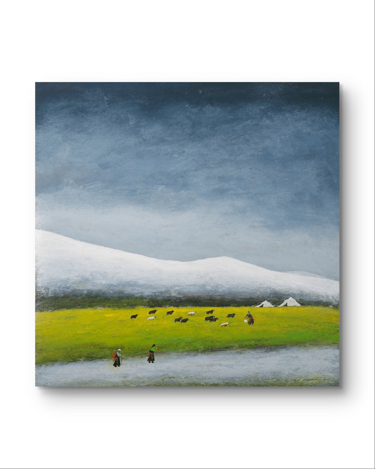 Plateau Pasture - Acrylic on Xuan Paper 27.6" × 27.6" | Chinese Original Painting | Magic Bear Art