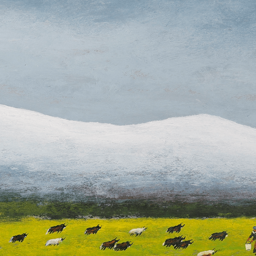 Plateau Pasture - Acrylic on Xuan Paper 27.6" × 27.6" | Chinese Original Painting | Magic Bear Art