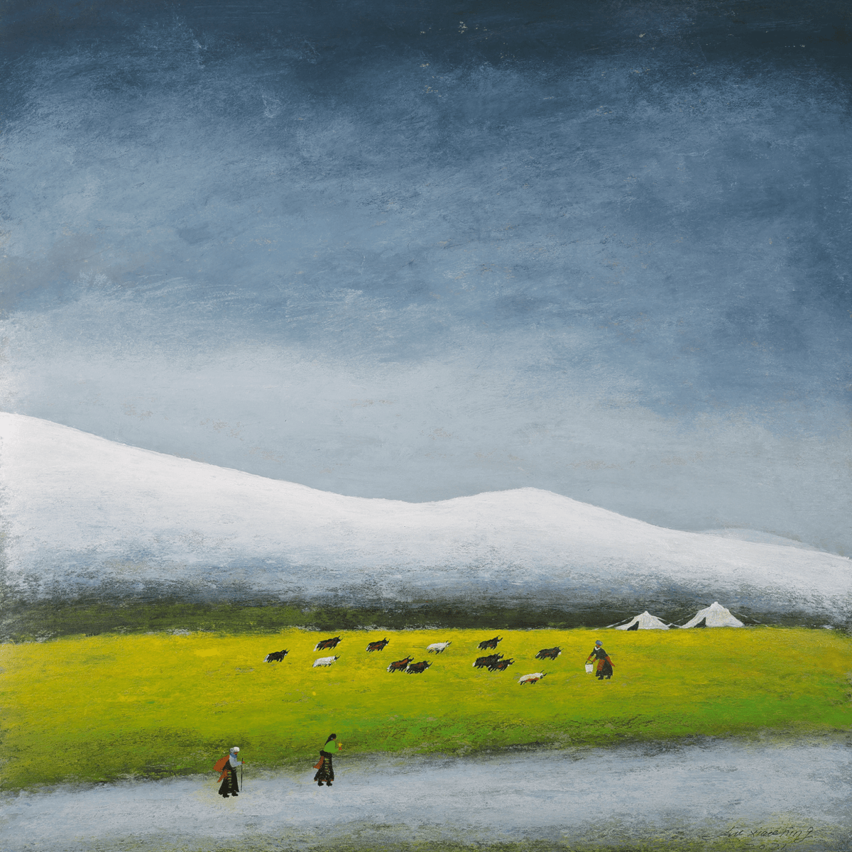 Plateau Pasture - Acrylic on Xuan Paper 27.6" × 27.6" | Chinese Original Painting | Magic Bear Art