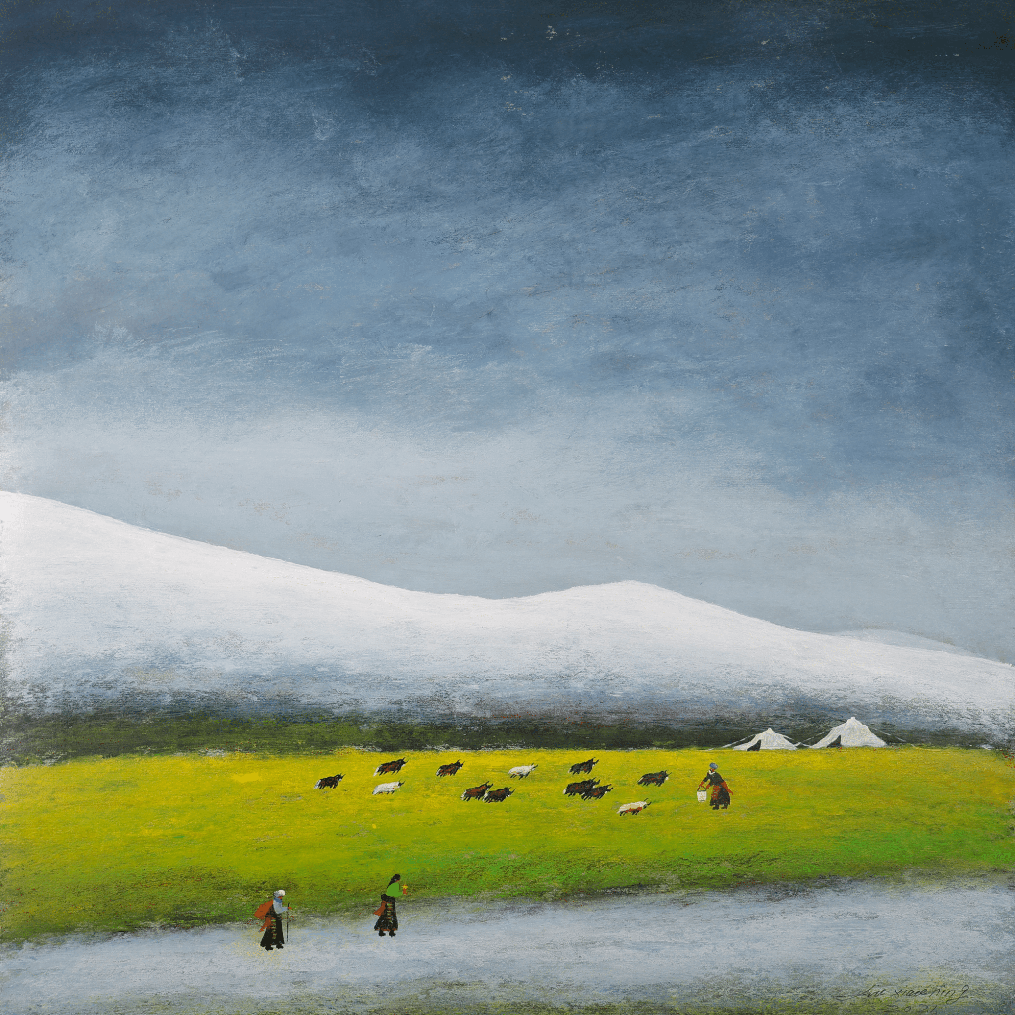 Plateau Pasture - Acrylic on Xuan Paper 27.6" × 27.6" | Chinese Original Painting | Magic Bear Art