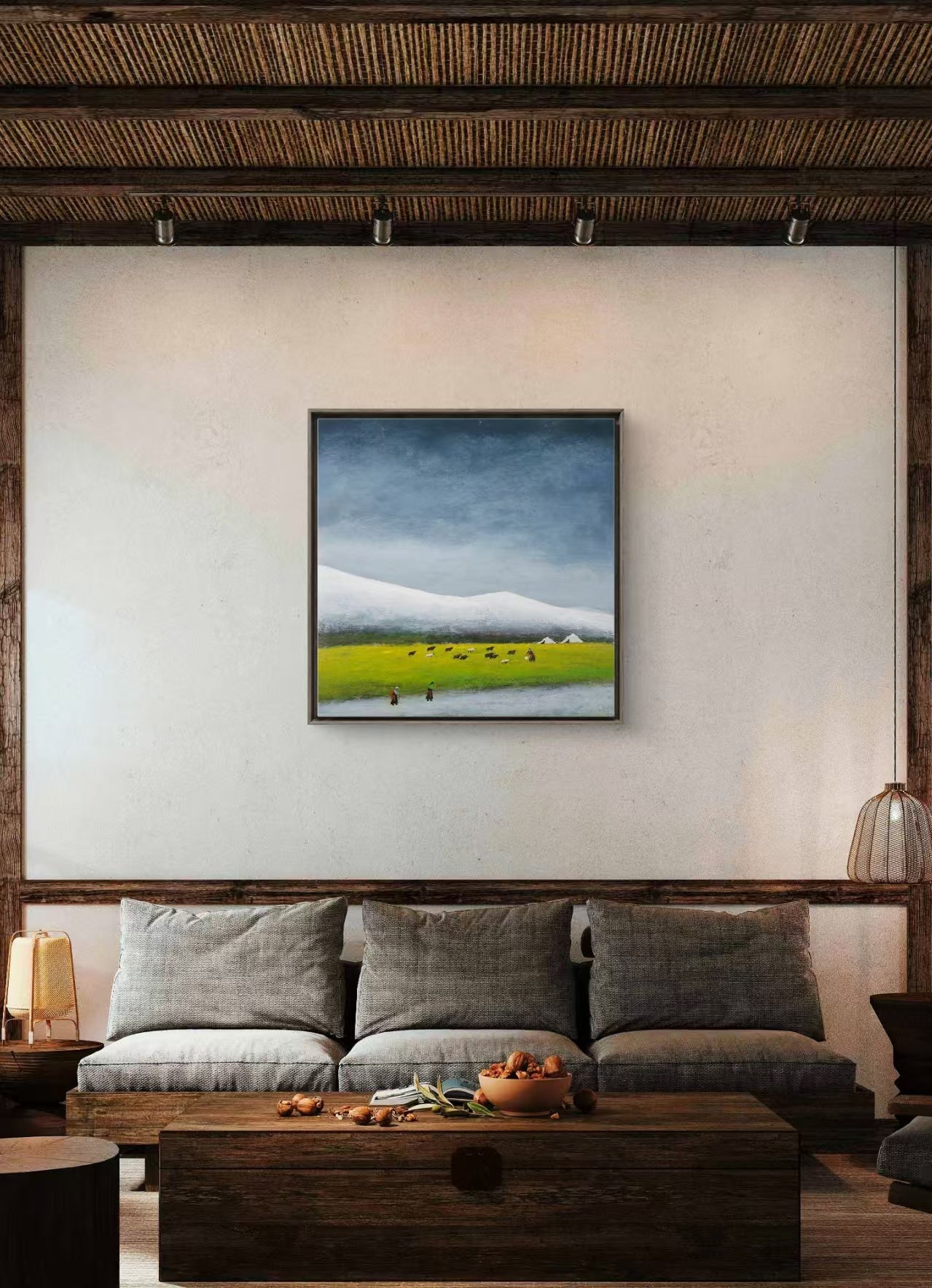 Plateau Pasture - Acrylic on Xuan Paper 27.6" × 27.6" | Chinese Original Painting | Magic Bear Art