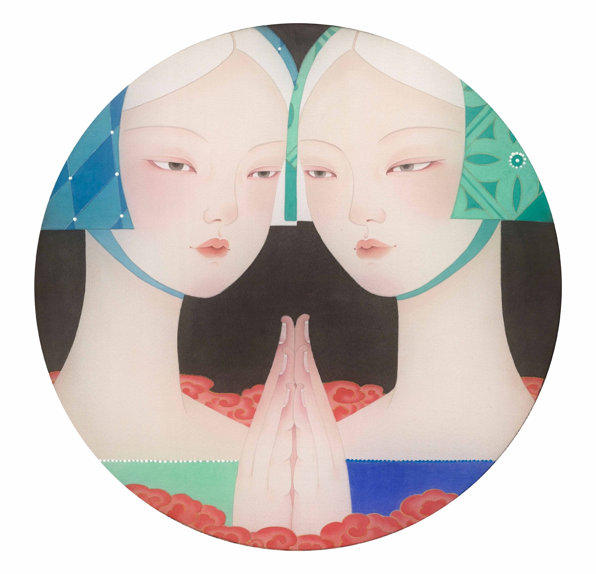 Prayer No.2 - Ink and Color on Silk 15.7'' × 15.7'' | Chinese Original Painting | Magic Bear Art