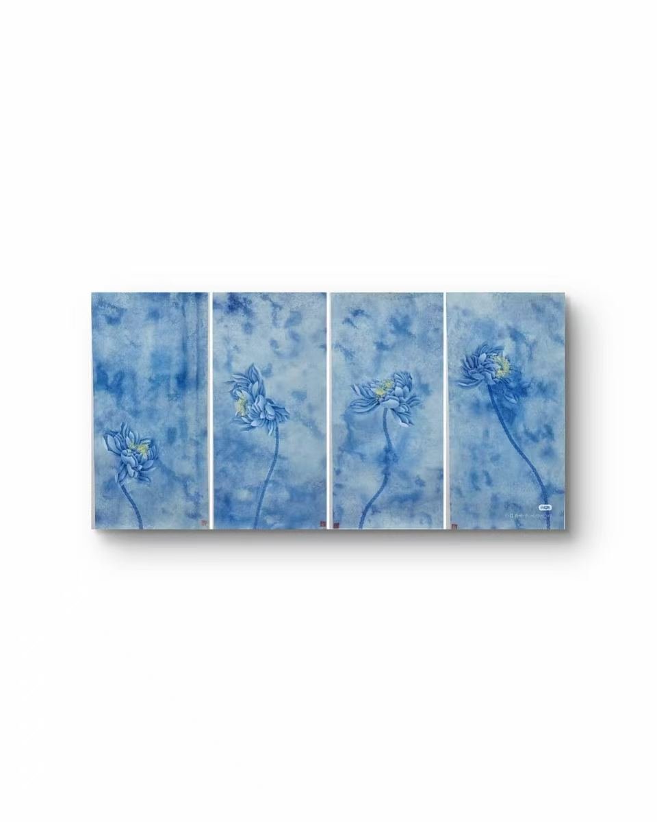 Serene Lotus Blessings - Four-Panel Set | Chinese Original Painting | Magic Bear Art