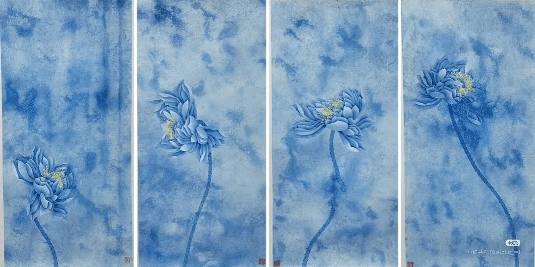 Serene Lotus Blessings - Four-Panel Set | Chinese Original Painting | Magic Bear Art