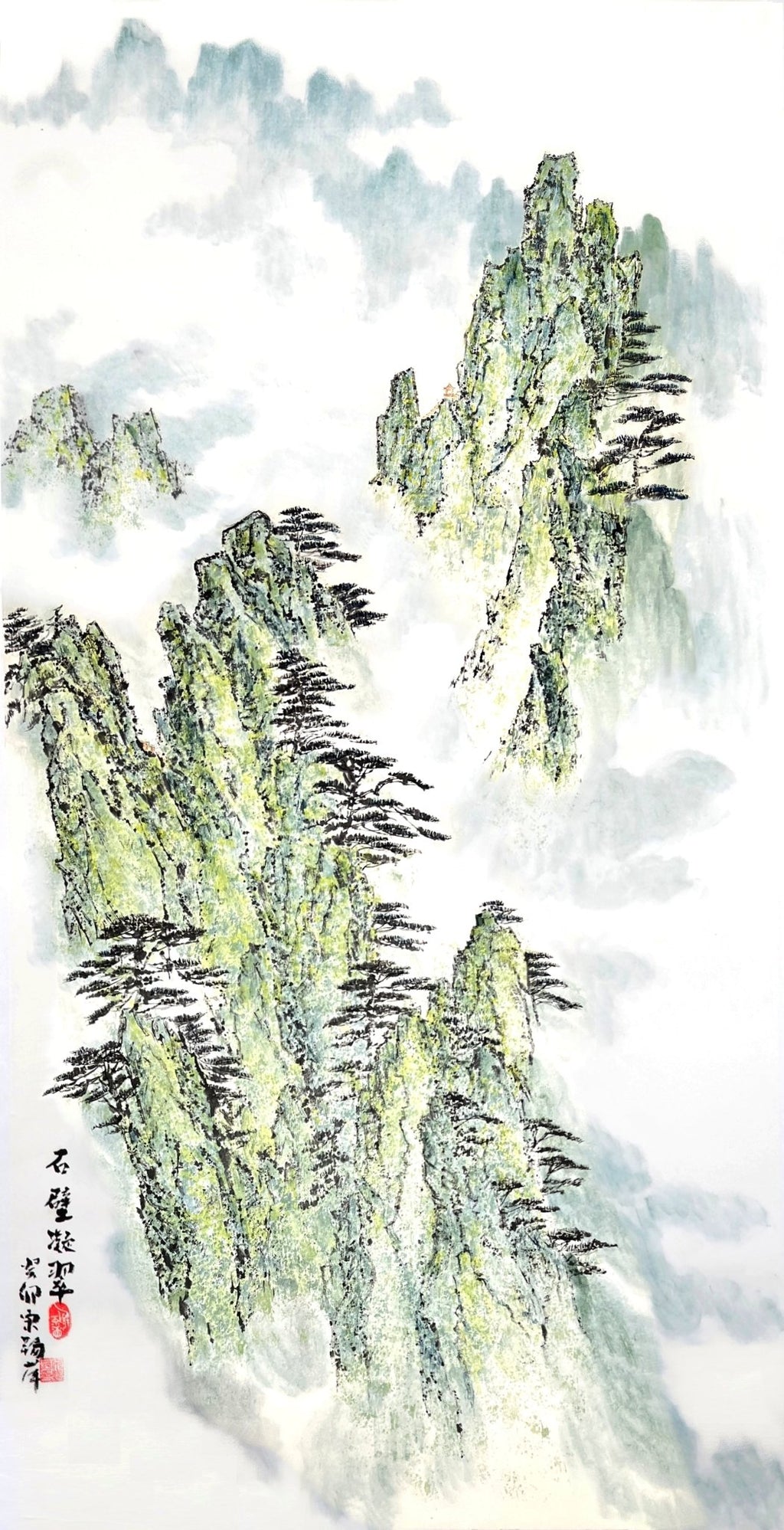 Stone Cliffs in Verdant Haze - Ink and Color on Xuan Paper 54.3'' × 27.2'' | Chinese Original Painting | Magic Bear Art