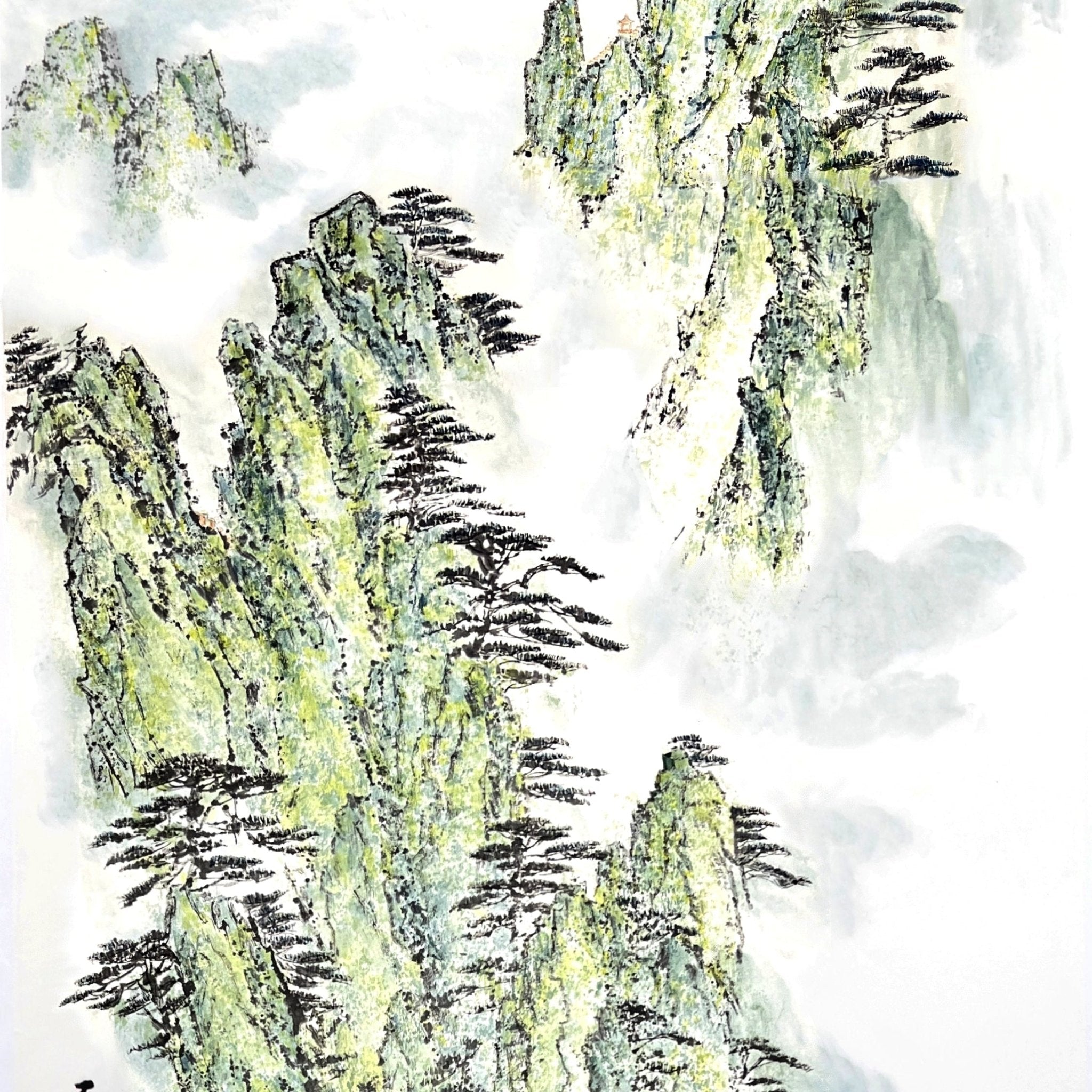 Stone Cliffs in Verdant Haze - Ink and Color on Xuan Paper 54.3'' × 27.2'' | Chinese Original Painting | Magic Bear Art
