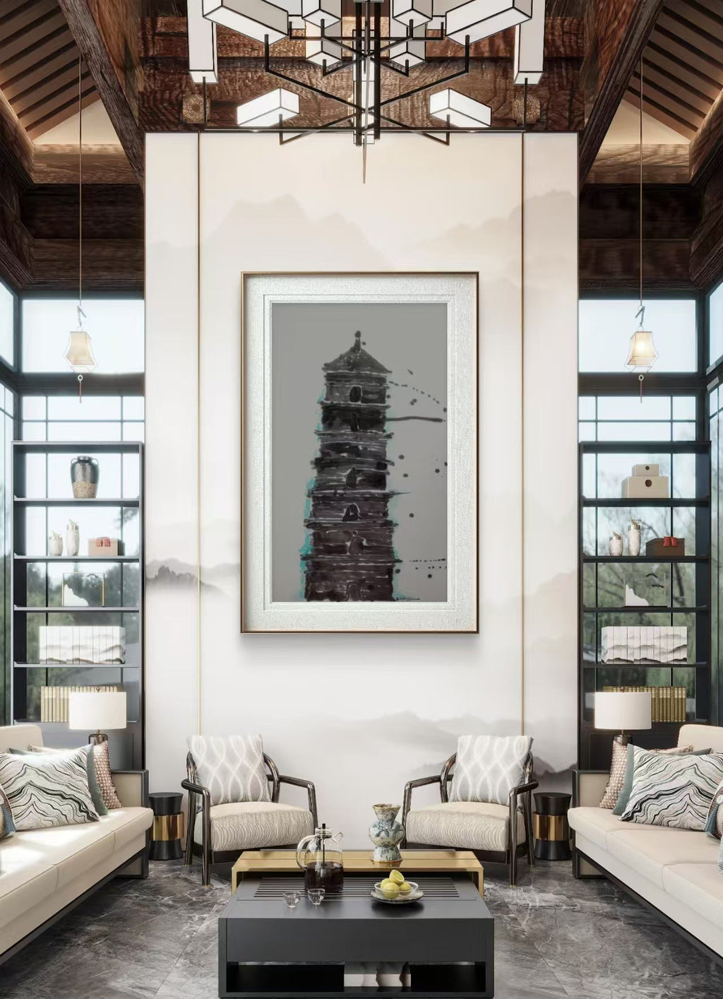 Tower - Chinese ink 97.6''× 48.8'' | Chinese Original Painting | Magic Bear Art